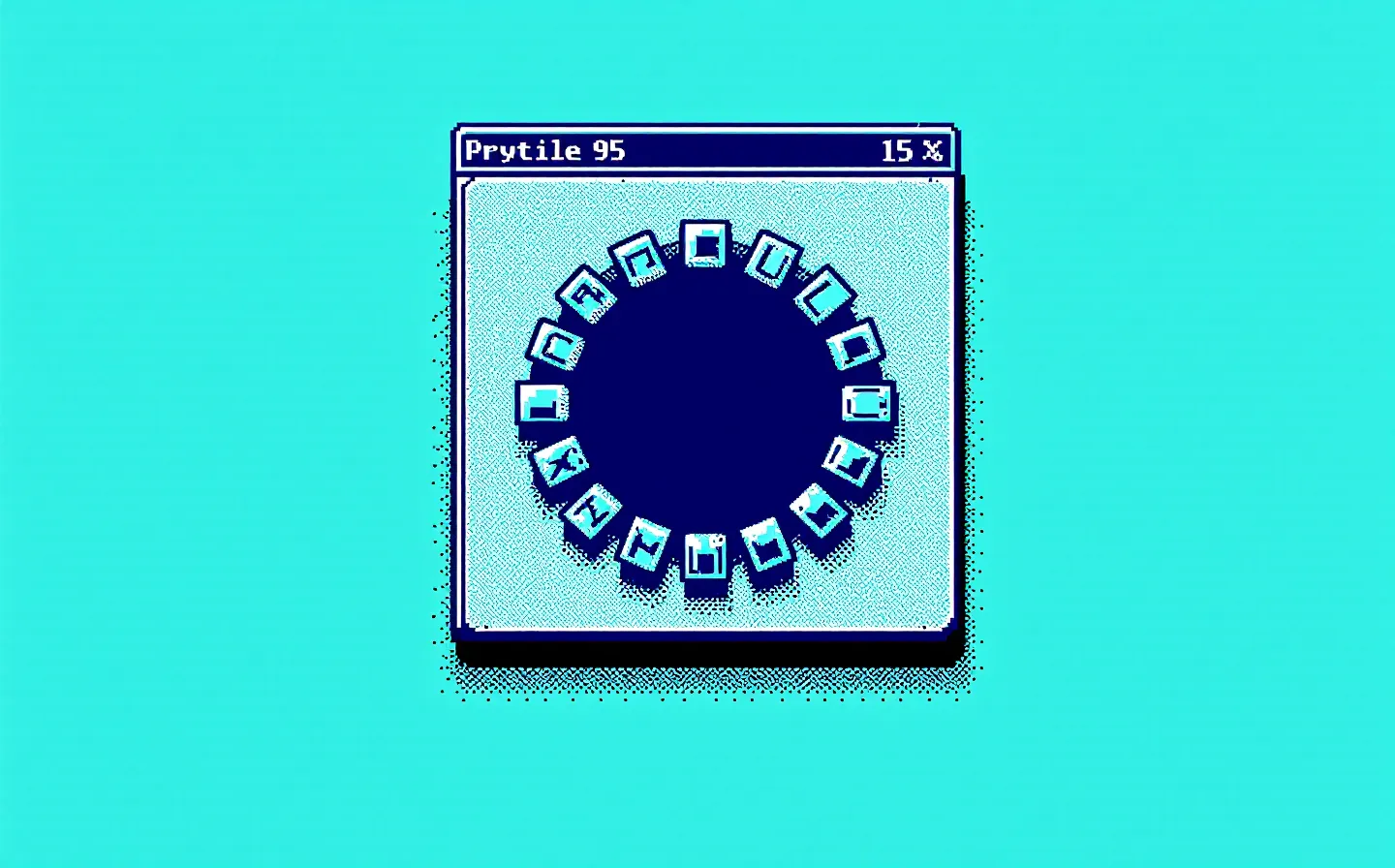 A Windows-95-style pixel-art application icon of an abstract cyclic peptide ring in navy and blue, beveled on a grey tile, on a teal desktop ground